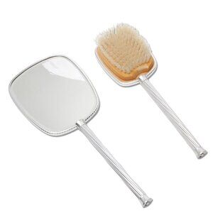 Vintage Vanity Dressing Table Brush Mirror Set England Metal Silver Wood